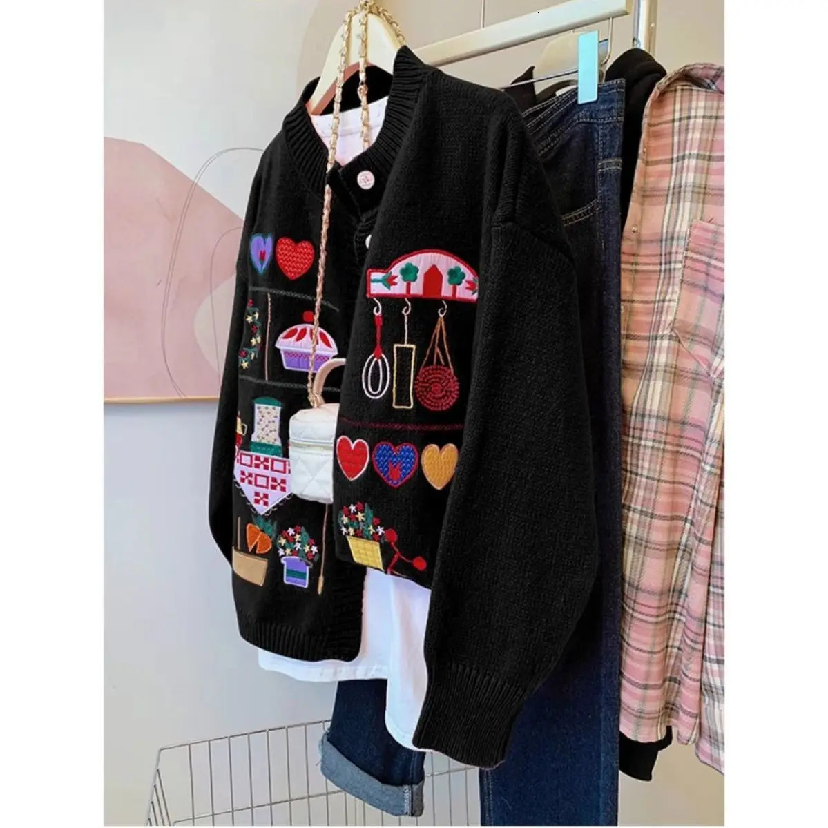 Korobov Pink Sweater Women Autumn Cartoon Style Jumpers Embroidery Age Reduction Thick Round Neck Knitted Cardigan Coat 241203