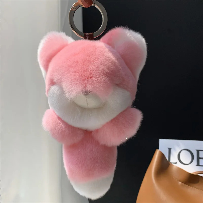 2024 Real Rex Rabbit Fur Fox Pendant Keychain Female Fluffy Fox Toy Pavilion Package Car Keychain Charm Girlfriend Gift Accessories 241206