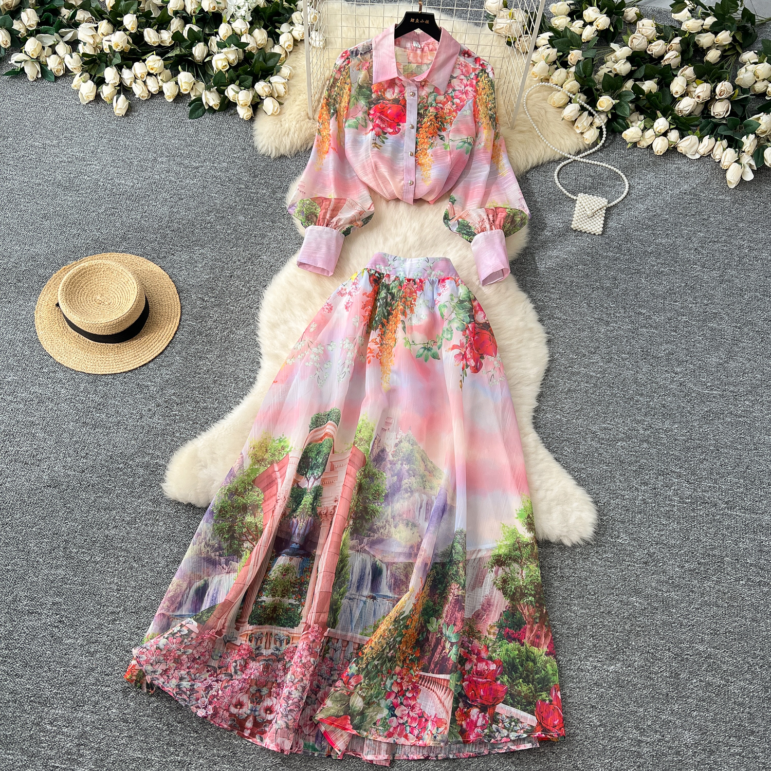 Two Piece Dress Women Summer Bohemian Floral Print Skirt Set Long Sleeve Blouses Tops & High Waist Pleated Maxi Skirt Female Two Piece Suits