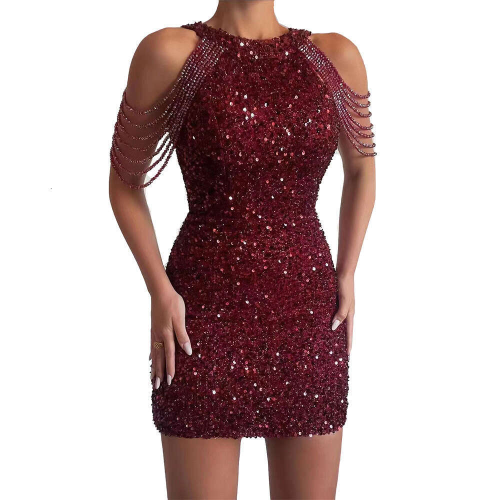Sprin European American Sexy Fashion Hanin Neck, Off Shoulder, Tassel Embracin Hip, Crystal Splicin sequin Dress 2024 New Style, Unique and Eleant