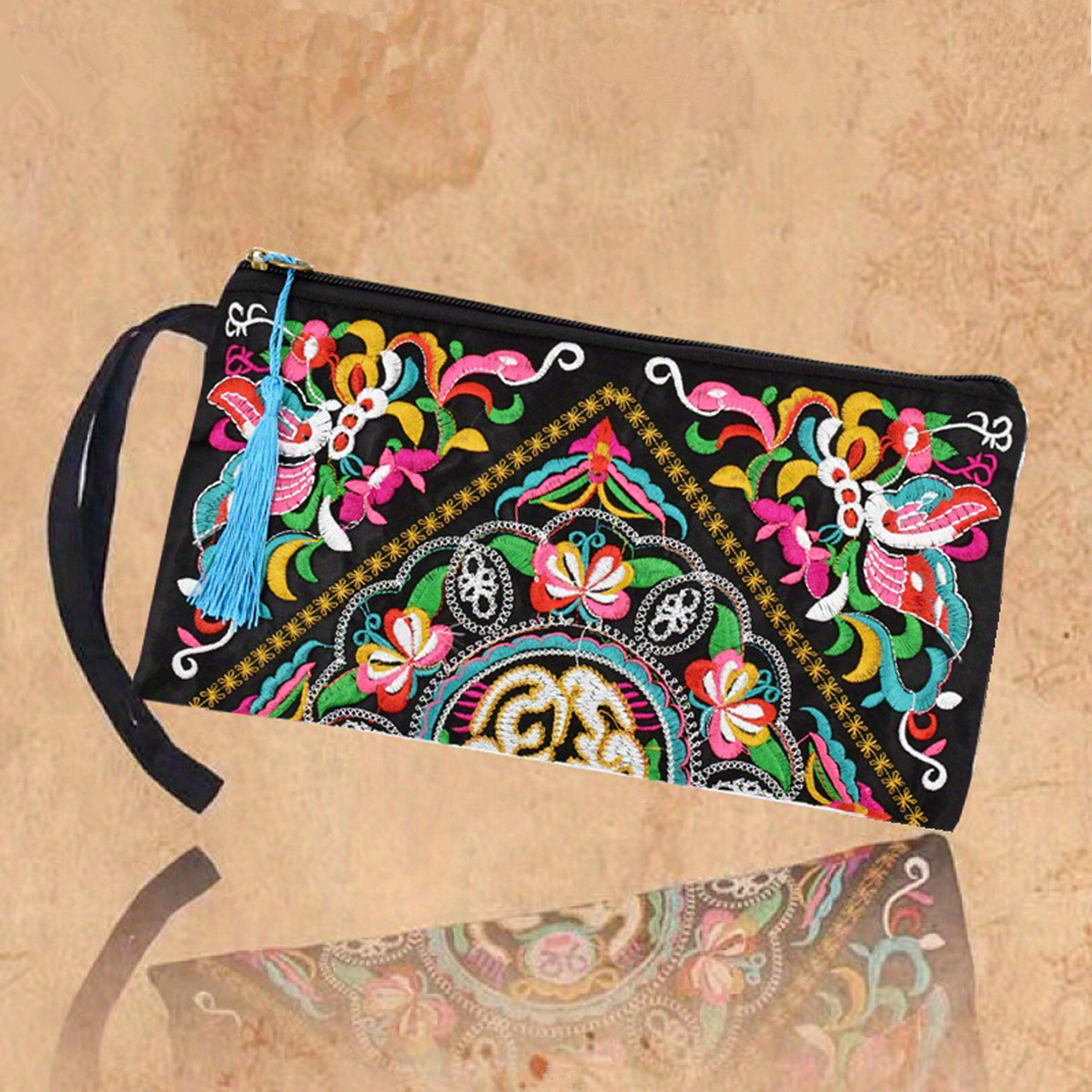 Ethnic style embroidery long wallet, large capacity hand-held women's dinner bag, mobile phone coin purse wallet
