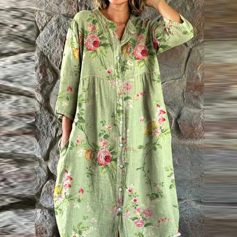 Bohemian Loose Single Breasted Women's Casual O-neck Pocket Commuting Spring Summer Print Long Sleeved Dress