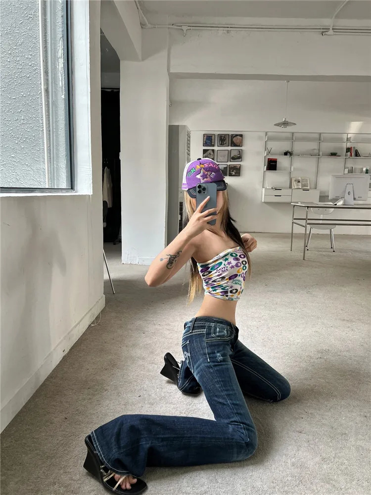 Womens Gyaru Japanese Harajuku Garbage Y2K Jeans Low Rise Shining Denim Pants 2000s Clock Bottom Pants Kpop Retro Ultra Thin Pants 241204