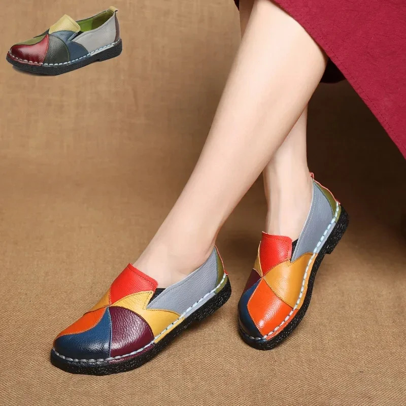 Mixed Color Womens Loafers Retro Flat Shoes Soft Sliding Splicing Patch Moccasins Large Size 43 Rasteiras Femininas 241206