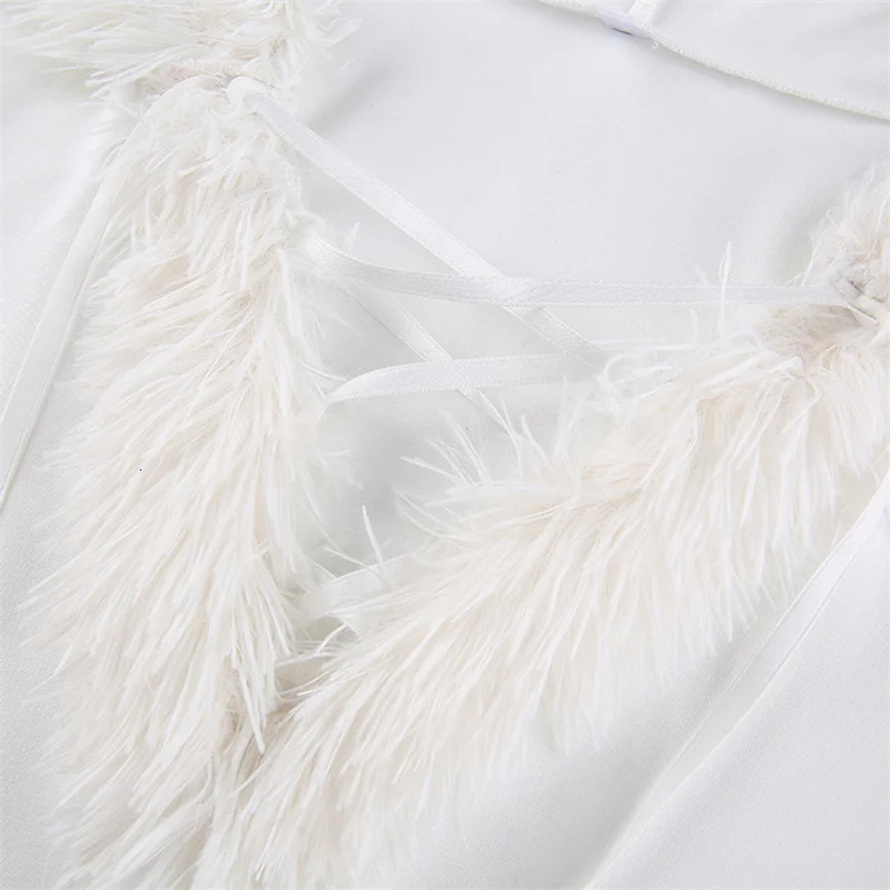 Womens plush hem patchwork Frenulum V-neck hooded dress winter solid color long sleeved womens white 241205 - view 6