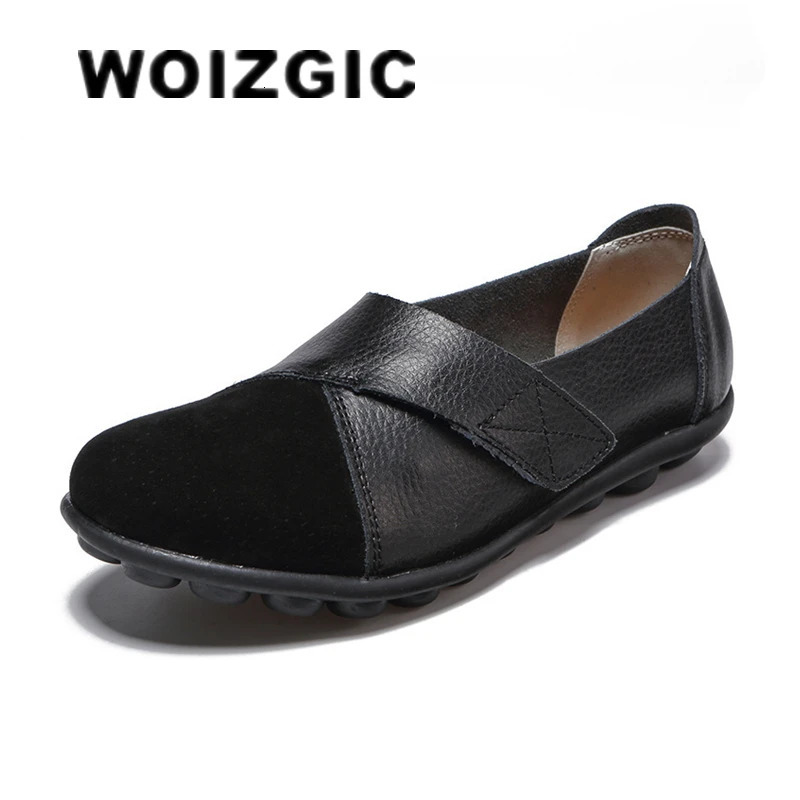 WOIZGIC Womens Mother Genuine Leather Soft Shoes Flat Mocha Xin Ship Hook and Loop De Mujer Large Size 42 43 44 241206