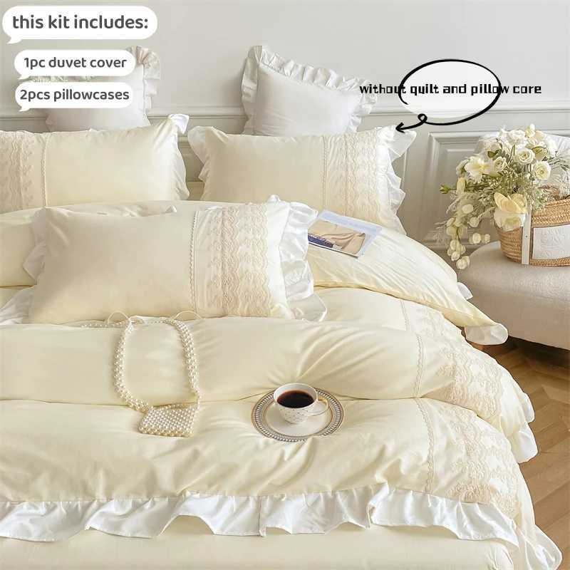 3pcs Princess style case set duvet cover set with cases Lace bedding set king and double beigeC250122