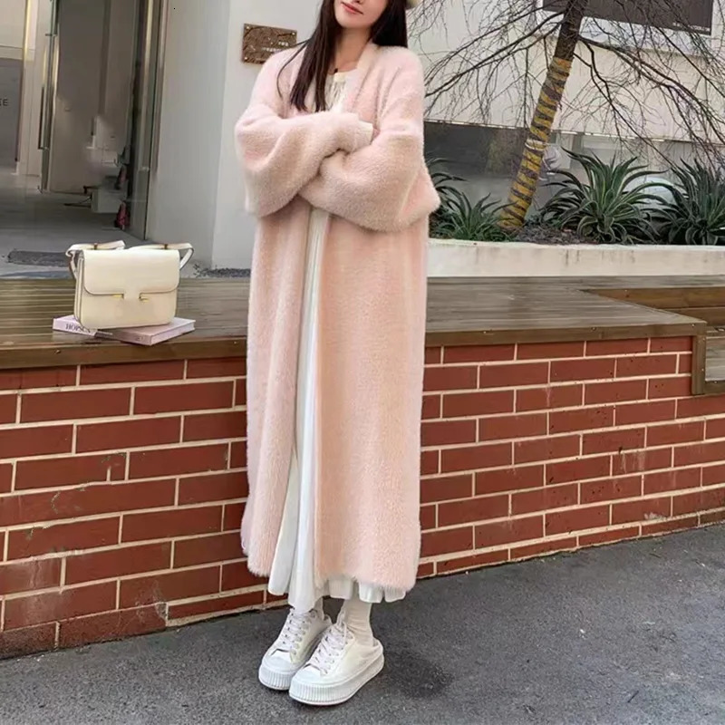 Long Cardigan for Women Clothes Knitted Fluffy Solid Sleeve Cashmere Sweater Coat Warm Autumn Winter Oversize 241203