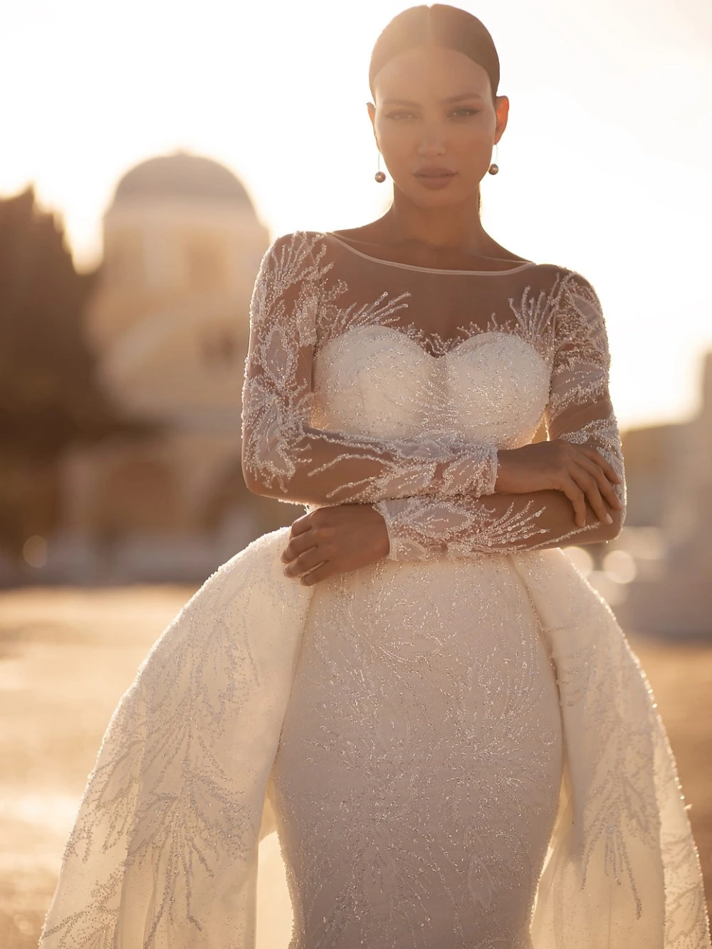 Modest Long Sleeve Wedding Dress Sparkly Sequins Beads Bride Robe Detachable Train Mermaid Bridal Gown Customized Vestidos De Novia