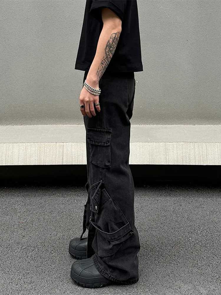 High Quality Cyber Y2K Streetwear Black Multi Pocket Jeans Mens Cargo Pants Designer Clothing Straight Trousers Pantalon Homme T241207