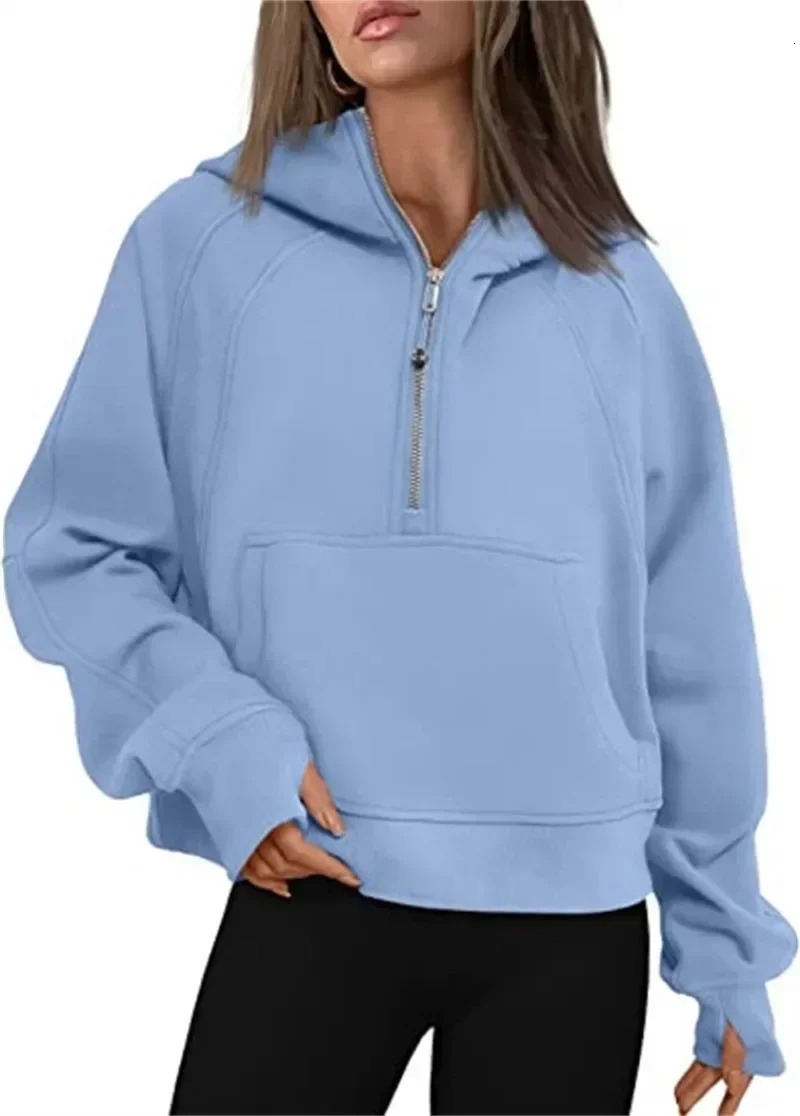 Autumnwinter Womens Sport Half Zip Hoodie Sweatshirt Loose Cropped Fleece Hoodies Women 241203