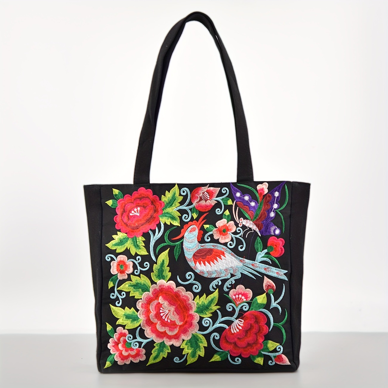 Ethnic embroidered shoulder with large capacity Yunnan women's tote bag, canvas, Chinese style peony handbag, shopping bag