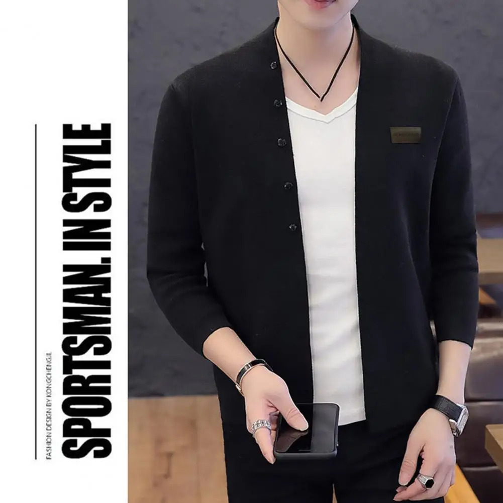 Button mens jacket knitted cardigan fashionable ultrathin fit warm vertical collar badge 241206