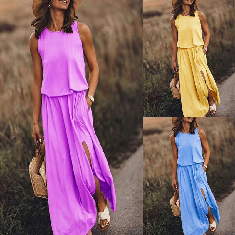 Spring/Summer European and American Women's Round Neck Sleeveless with Split Solid Color Commuter Long Dress 2024 New Casual Fashion Trendy Cloth