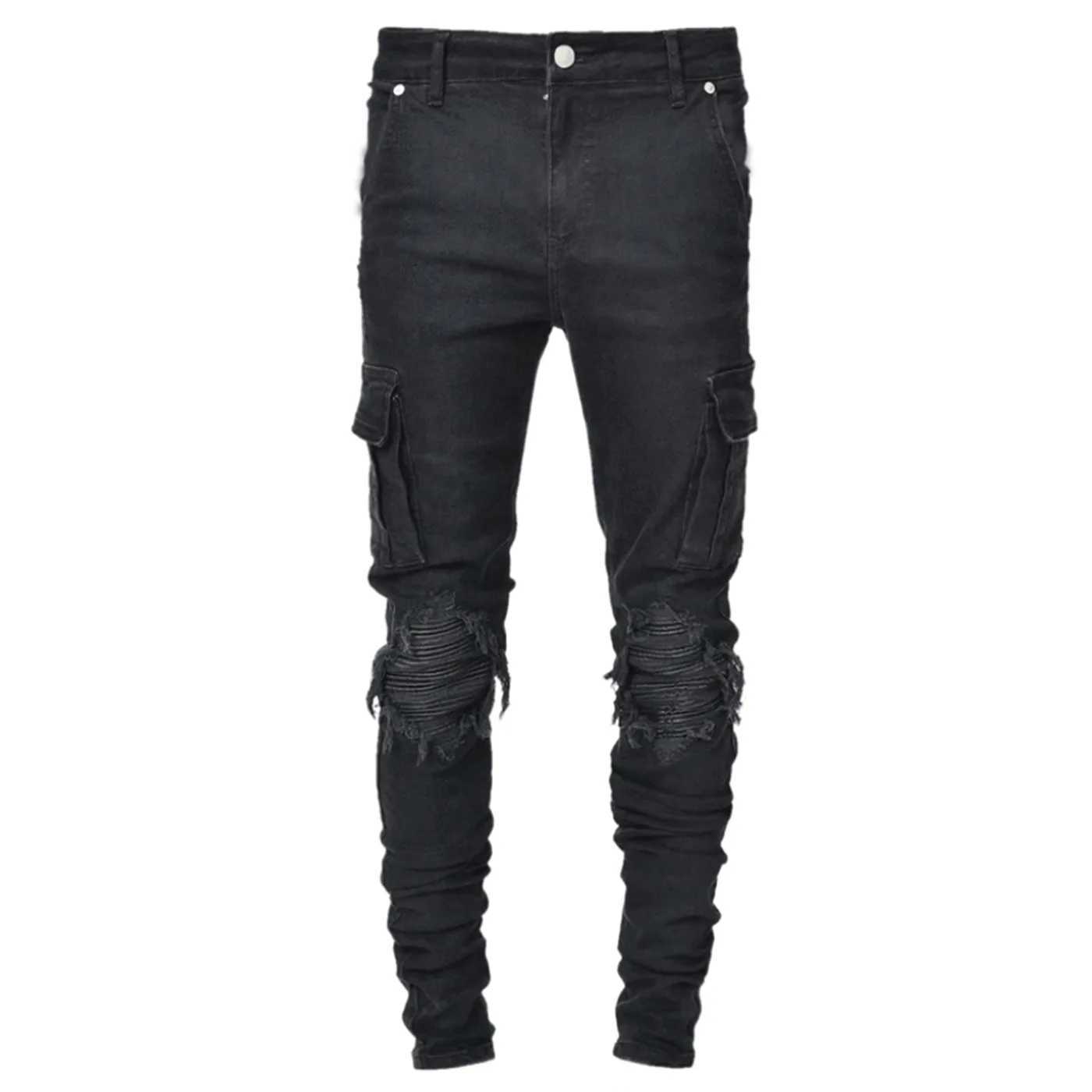 High Quality New denim mens pants with holes fashionable black slim fit denim mens calf jeans T241207