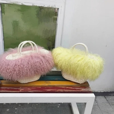 Fashion long hair curly Mongolian sheepskin handbag Real Xizang sheepskin cross wrap sheepskin shoulder turf beach bag 241205