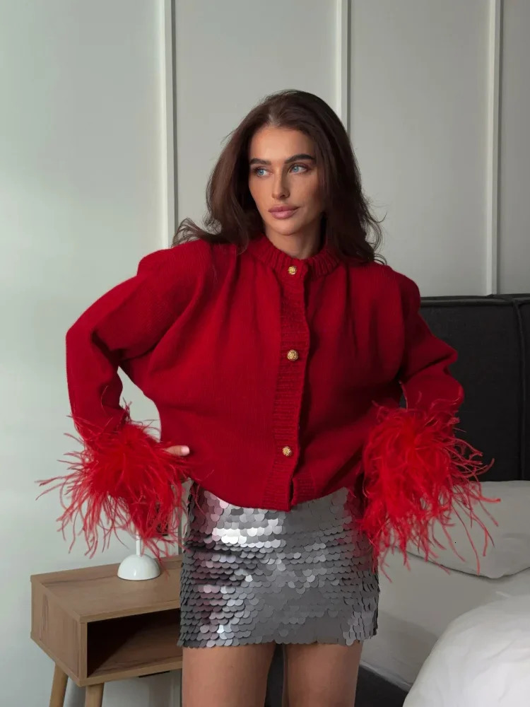 Red fashion patchwork feather cuffs knitted cardigan womens casual Oneck long sleeved button sweater 2024 streetwear 241206