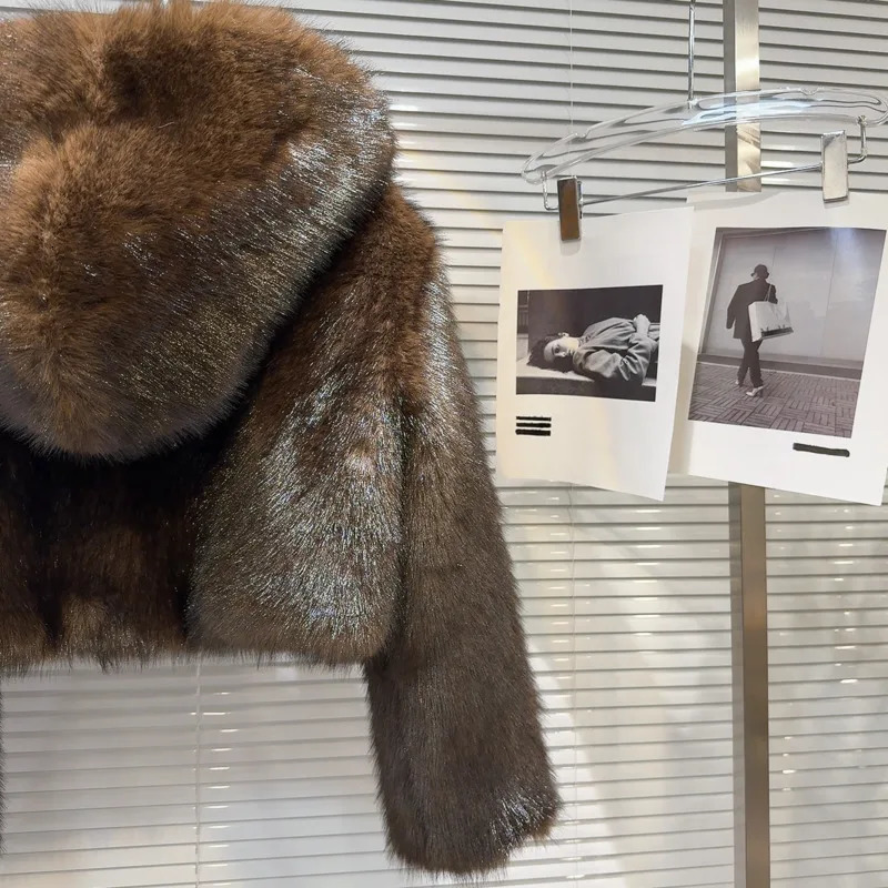 DEAT womens coat artificial fur hooded cotton pad thick wrapped womens brown environmentally friendly jacket winter 11A01577 241202