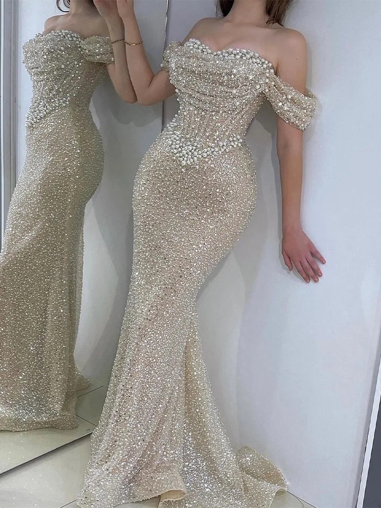 2025 Sequins Prom Dresses Off the Shoulder Sweetheart Pearls Mermaid Birthday Evening Party Gown Christmas Wear Vestido Fiesta Robe De Soriee