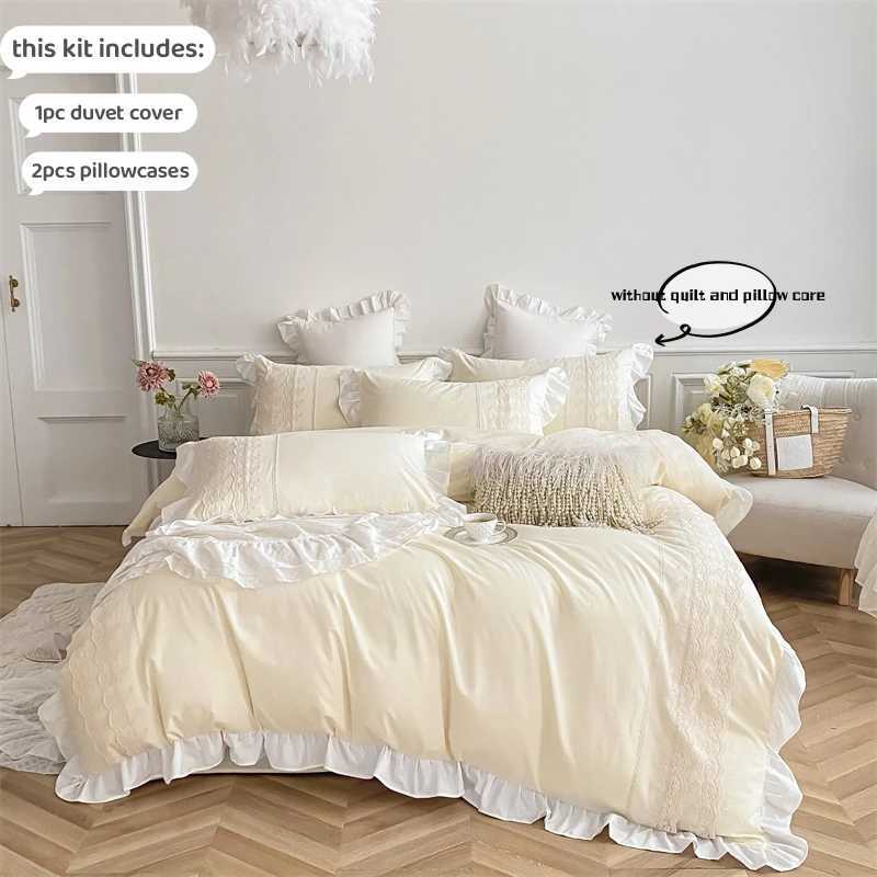 3pcs Princess style case set duvet cover set with cases Lace bedding set king and double beigeC250122