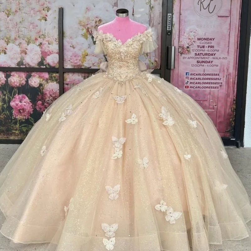Champagne Shiny Sexy V-Neck Princess Prom Dress Quinceanera Dresses Bow Applique Lace Beading Sweet 16 Birthday Party Dresse Vestidos De 15 Anos