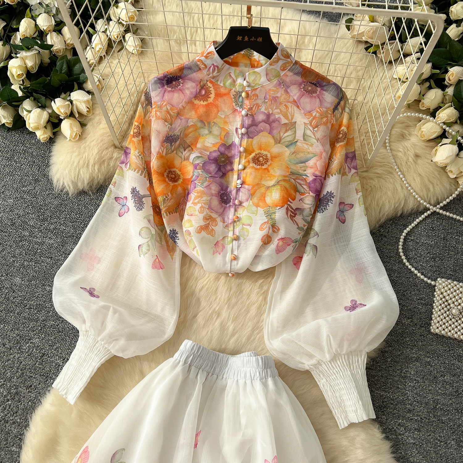 Two Dress Summer Holiday Gorgeous Wer Runway 2 Piece Set Women Long Lantern Sleeve Shirt Blouse And Elastic Waist A E Skirt Suit 2025