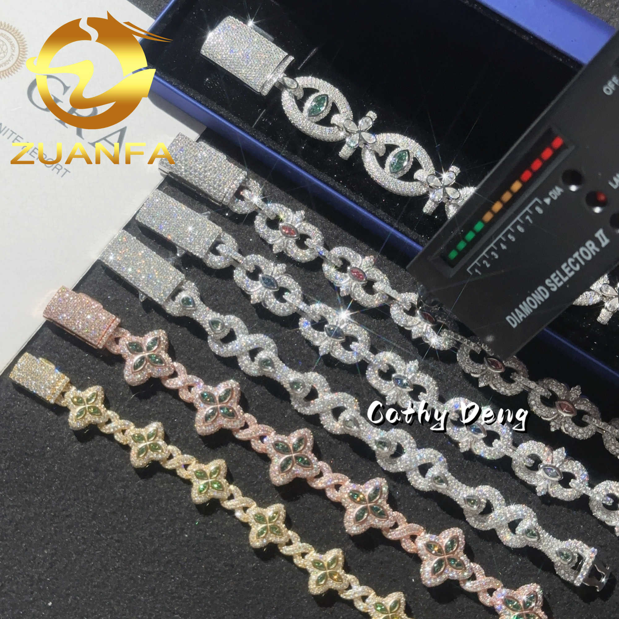 Fancy cut Hip hop Jewelry Iced out Men Cuban link chain Bracelet 925 Silver Moissanite bracelet women super shine cuban chain