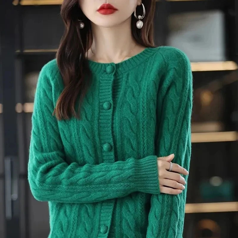 Womens spring and autumn knitted cardigan jacket casual round neck red top loose fashionable sweater 241206