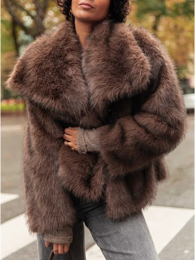 Brown Big Collar Thick Warm Faux Fur Coat Women Fashion Long Sleeves Loose Furry Short Jackets Autumn Winter Lady 241206