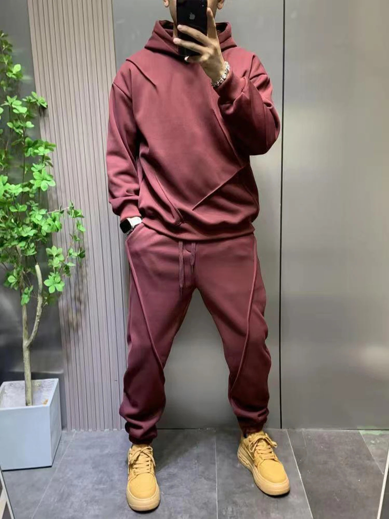 Mens autumn and winter hoodie sweater solid color set two-piece track set Y2K street mens wear 241205