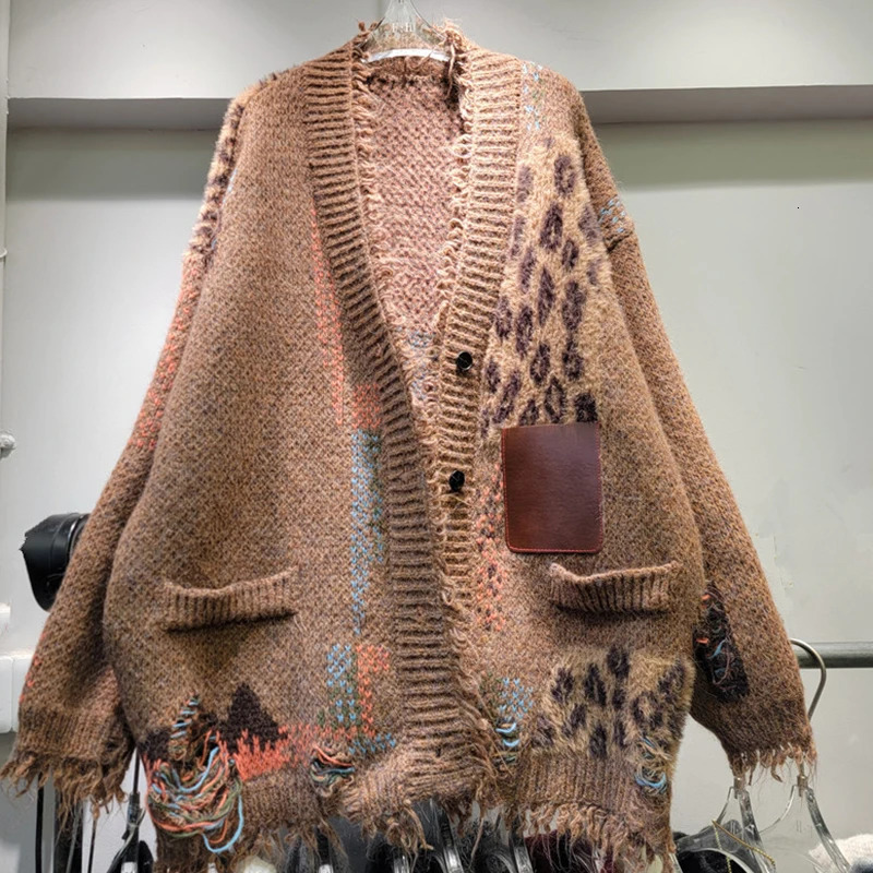 DEAT Fashion Vintage Leopard Print Knit Cardigan Jacket For Women Autumn And Winter Loose Sweater Coat Female 11A01353 241203