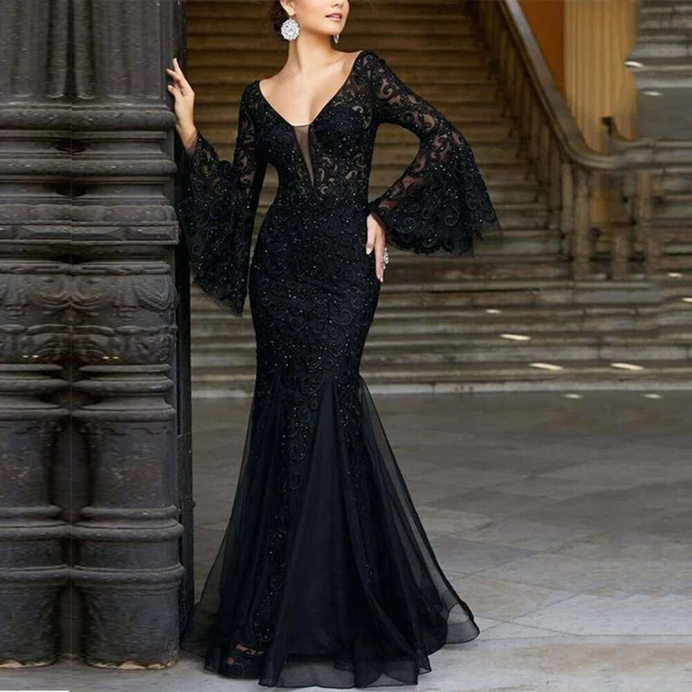 European and American Women's Lace Embroidered Fish Tail Black Slimming Evening Dress 2024 New Casual Versatile Fashion Clothing
