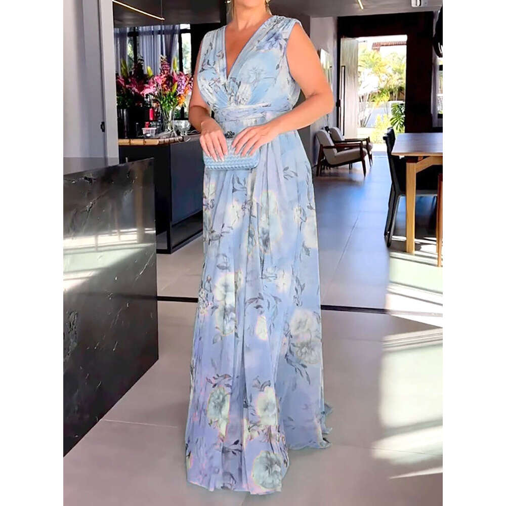 European and American Summer Women's Wear Shoulder Off Back Printed Chiffon Dress 2024 New Casual Fashion Trendy Clothing