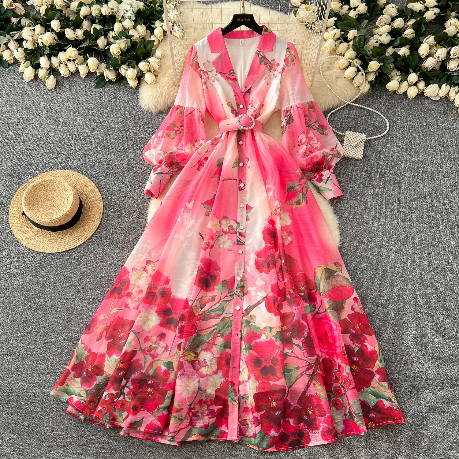 Casual Dresses 2025 Spring Holiday Gorgeous Flower Maxi Dress Women's Long Lantern Sleeve Notched Floral Print Pearl Belt A Line Robe Vestidos