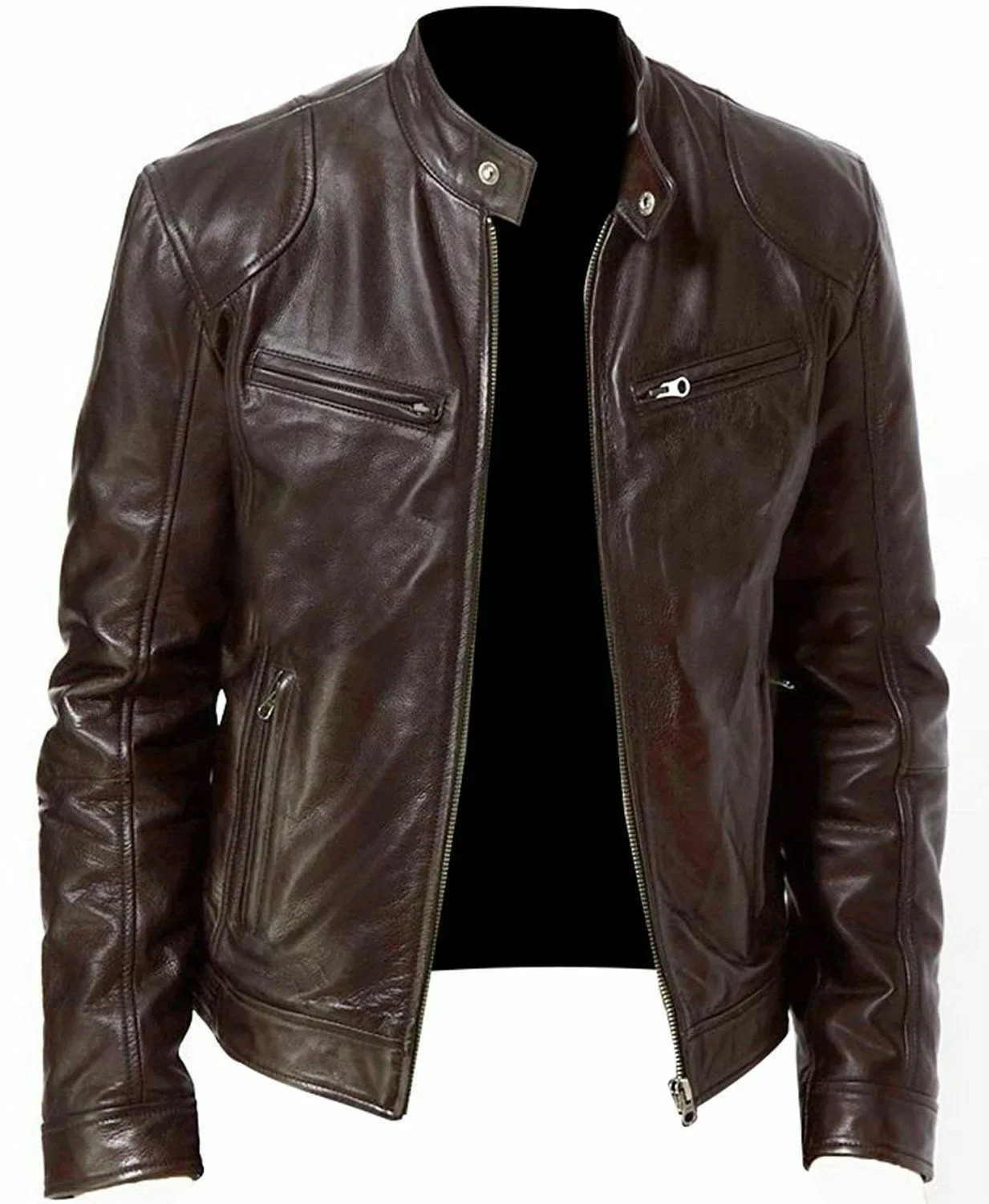 Mens Motorcycle Leather Jacket Slim Fit ShortCoat Lapel PU Jackets Autumn Zipper Stand Windproof Coat Clothing 241202