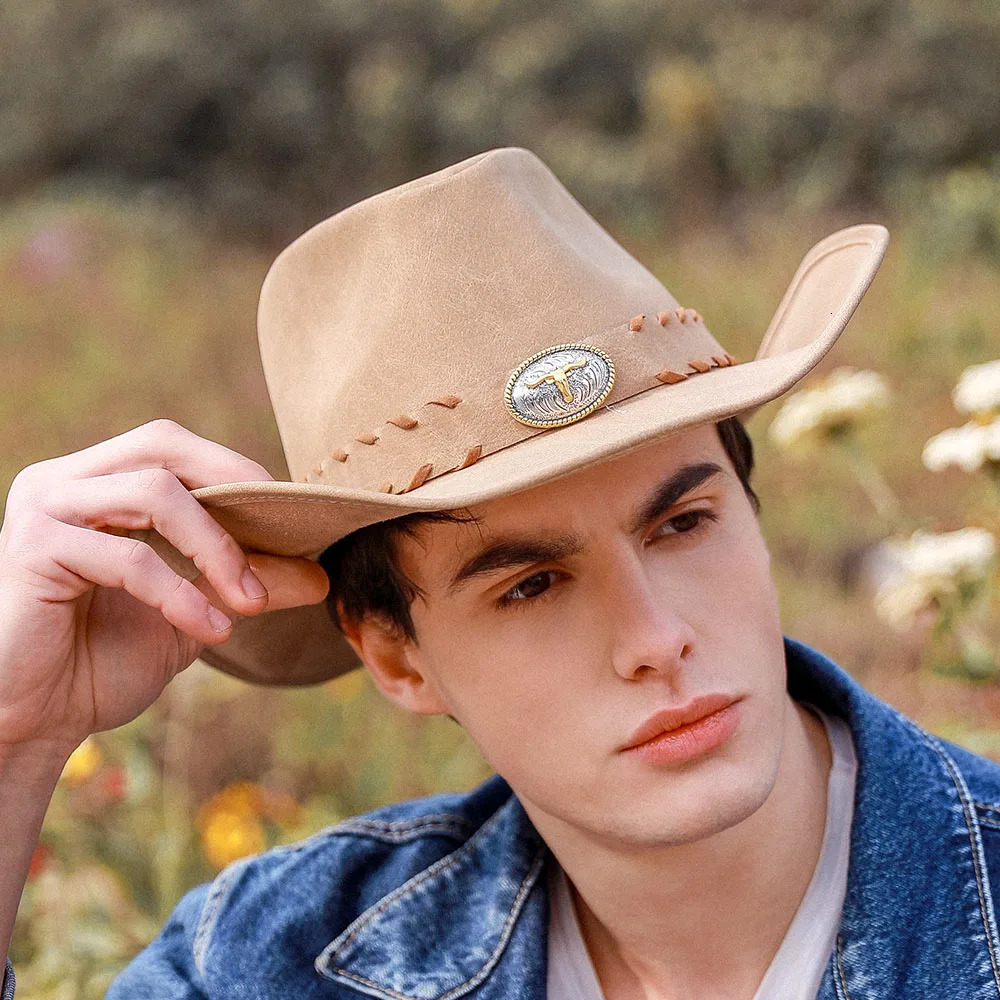 100% Leather Mens Western Cowboy Hat Mens Dad Sombrero Hombre Hat Size 58-59CM Direct 241206