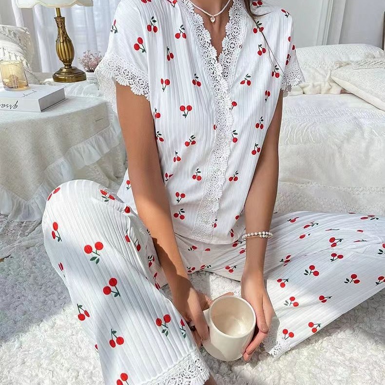Hot selling designer home clothes cherry print sleeved lapel pajamas women, suitable for wearing long pants, two-piece set