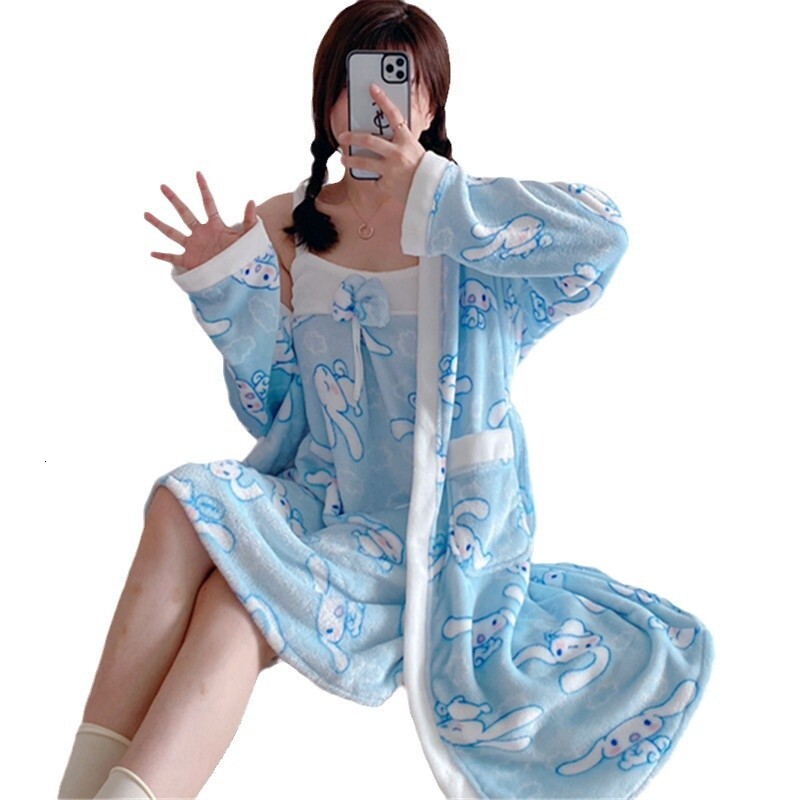 2025 Designer s new winter flannel fashion cartoon suspender two piece kimono sleepwear women s set bathrobe