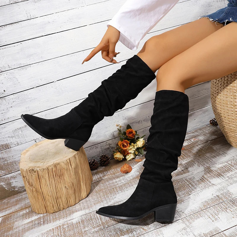 Vintage Pointed Toe Womens Knee High Heels Fashion Slippers Winter Comfortable Long Botas De Mujer 241206