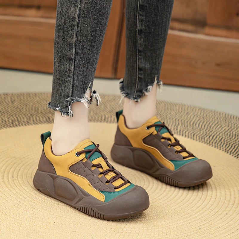 Women Sneakers Retro Spring Fashion Color-Blocked Women Sneakers Large Size Genuine Leather Women Vulcanized Shoes