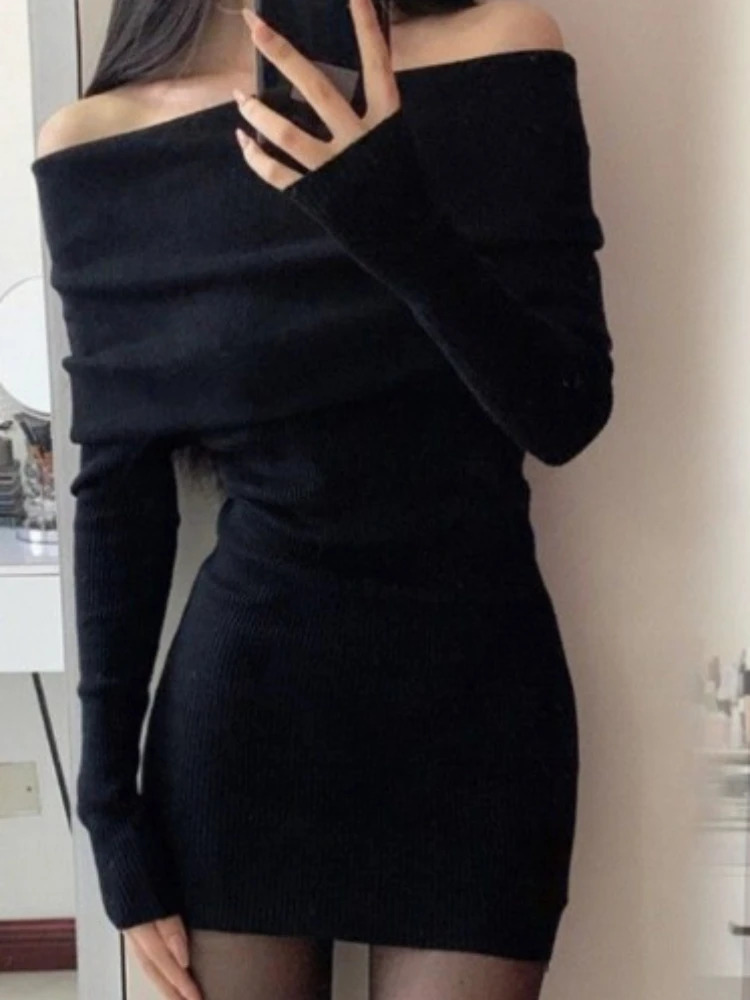 Ultra thin waist tuned solid dress with slanted collar and long sleeves fashionable Y2k aesthetic vest for women sweet elegant and chic dress 241206
