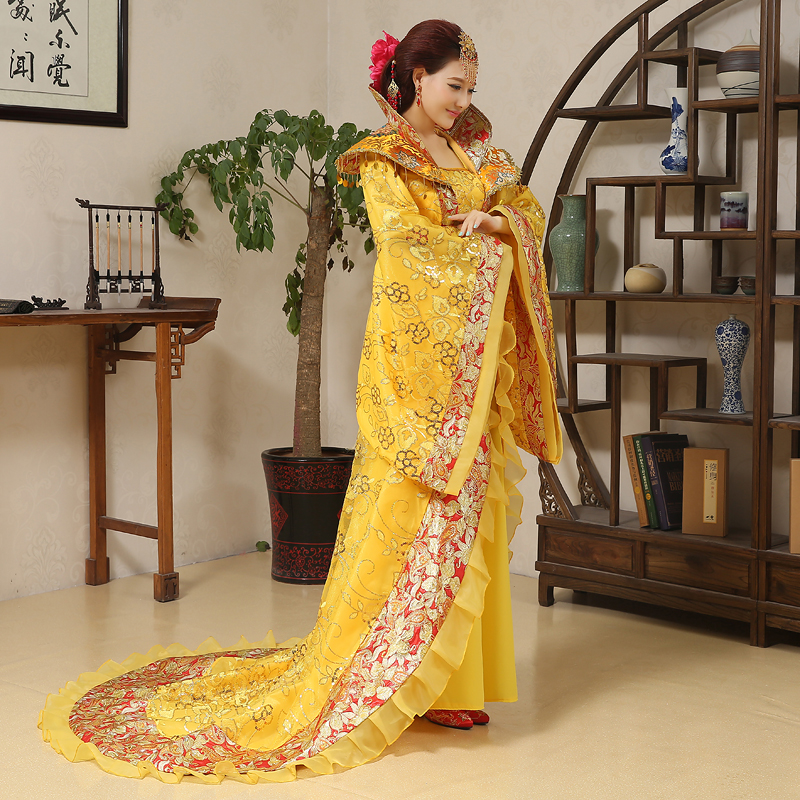 Oriental Traditional Hanfu Apparel Ancient China Long Tail Costume Noble Consort Trails Tang Dynasty Empress Performance Dress