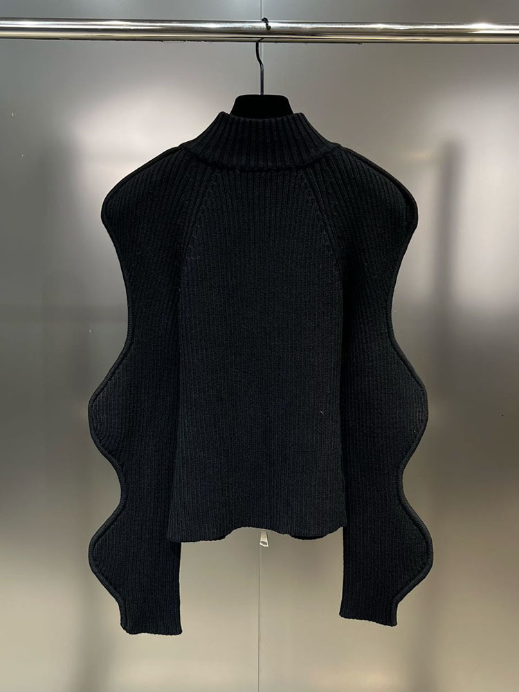 Fashion Women's Irregular Wave Edge Knitted Cardigan 2023 Autumn Stand Collar Long Sleeve Zipper Sweater Female