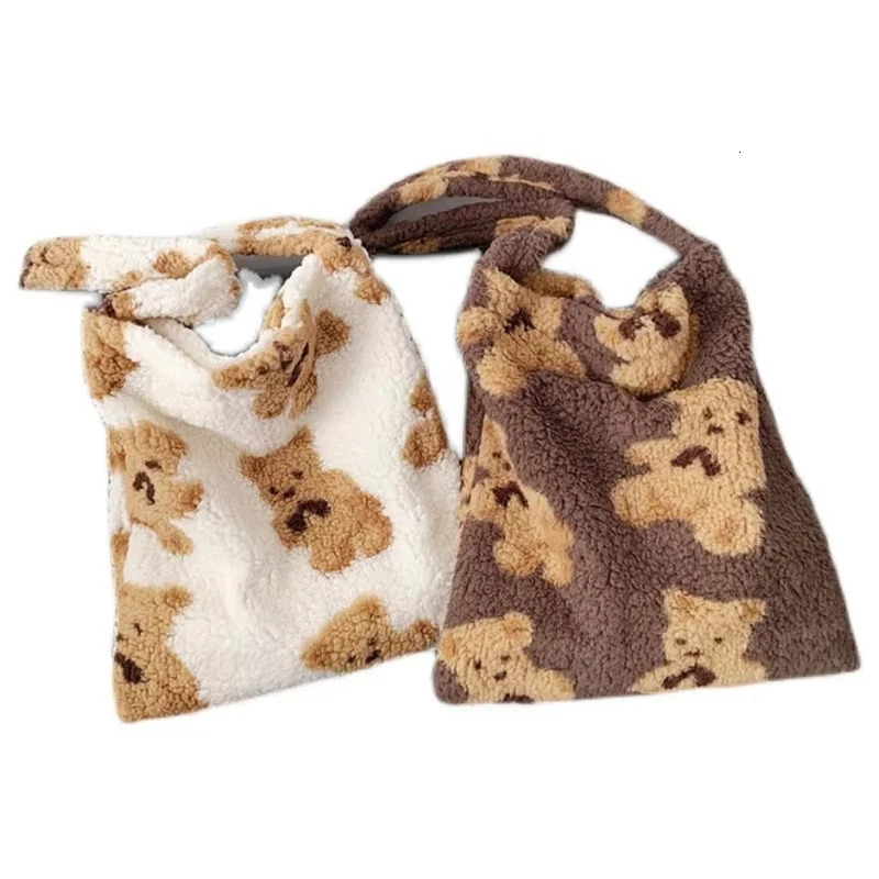 Womens sheepskin fabric shoulder bag canvas fluffy fur bear handbag large capacity soft shopping womens cute backpack 241206