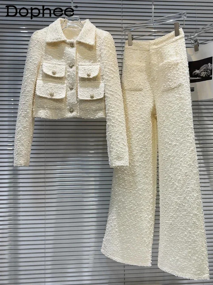 Elegant Straight Trousers Sets Office Ladies 2024 Autumn Tweed Pocket Short Jacket Pants Two Piece Outifits 241202