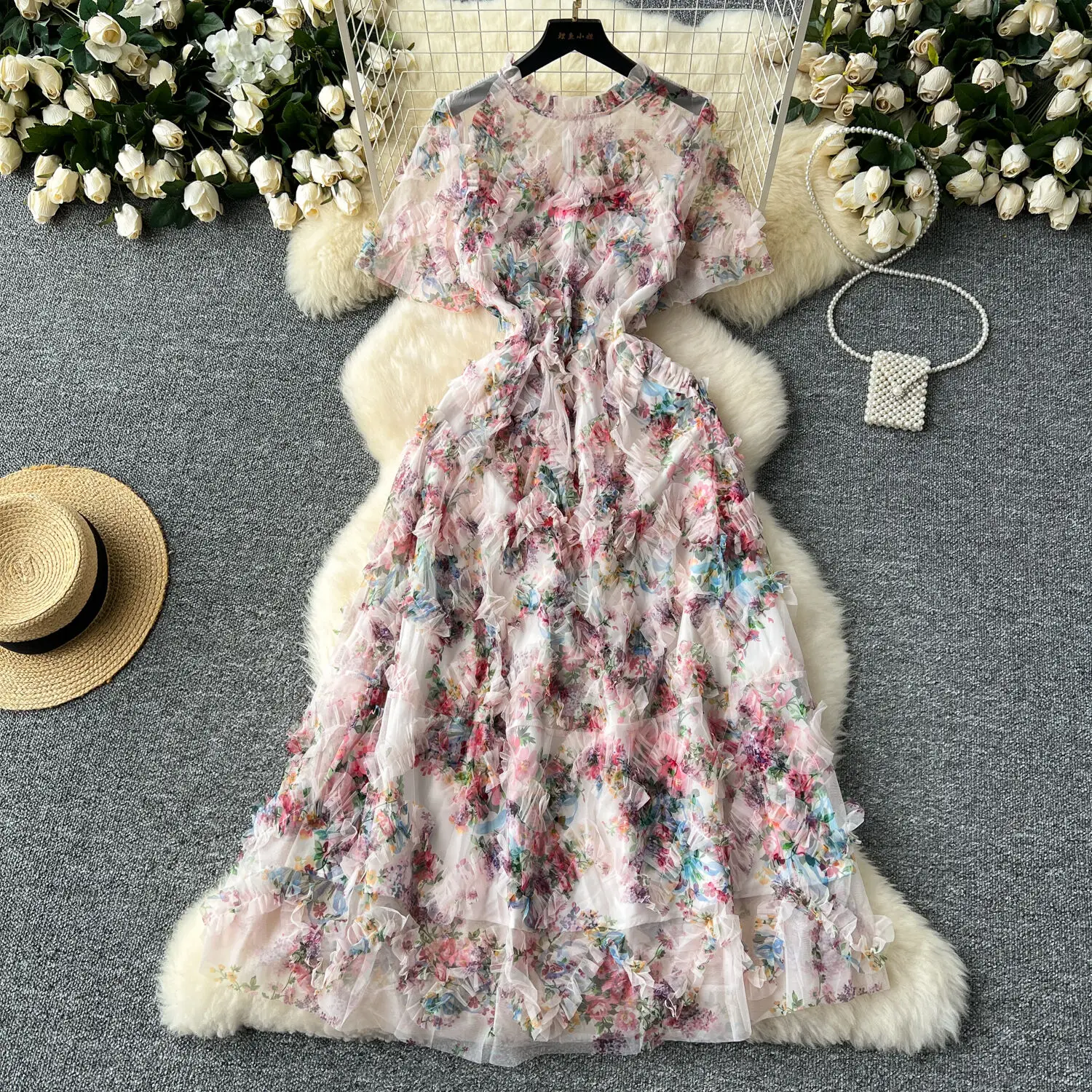 Basic Casual Dresses Runway Summer Autumn Holiday Floral Midi Tulle Prom Dress Women Layers Ruffles Cake Dresses Long Party Vestidos Quality