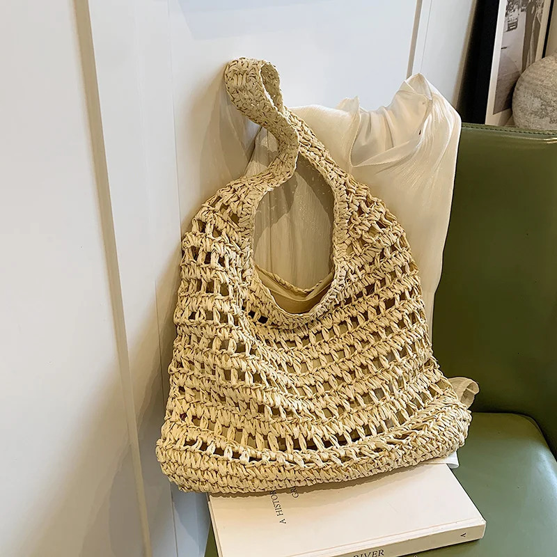 Summer Women Beach Tote Handbags Rattan Crochet Shoulder Bag Casual Commute Vintage Straw Woven 241203