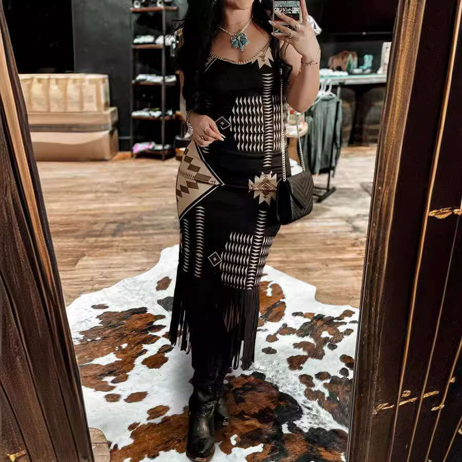 European American women's printed hem tassel suspender 2024 new style chic and elegant clothing