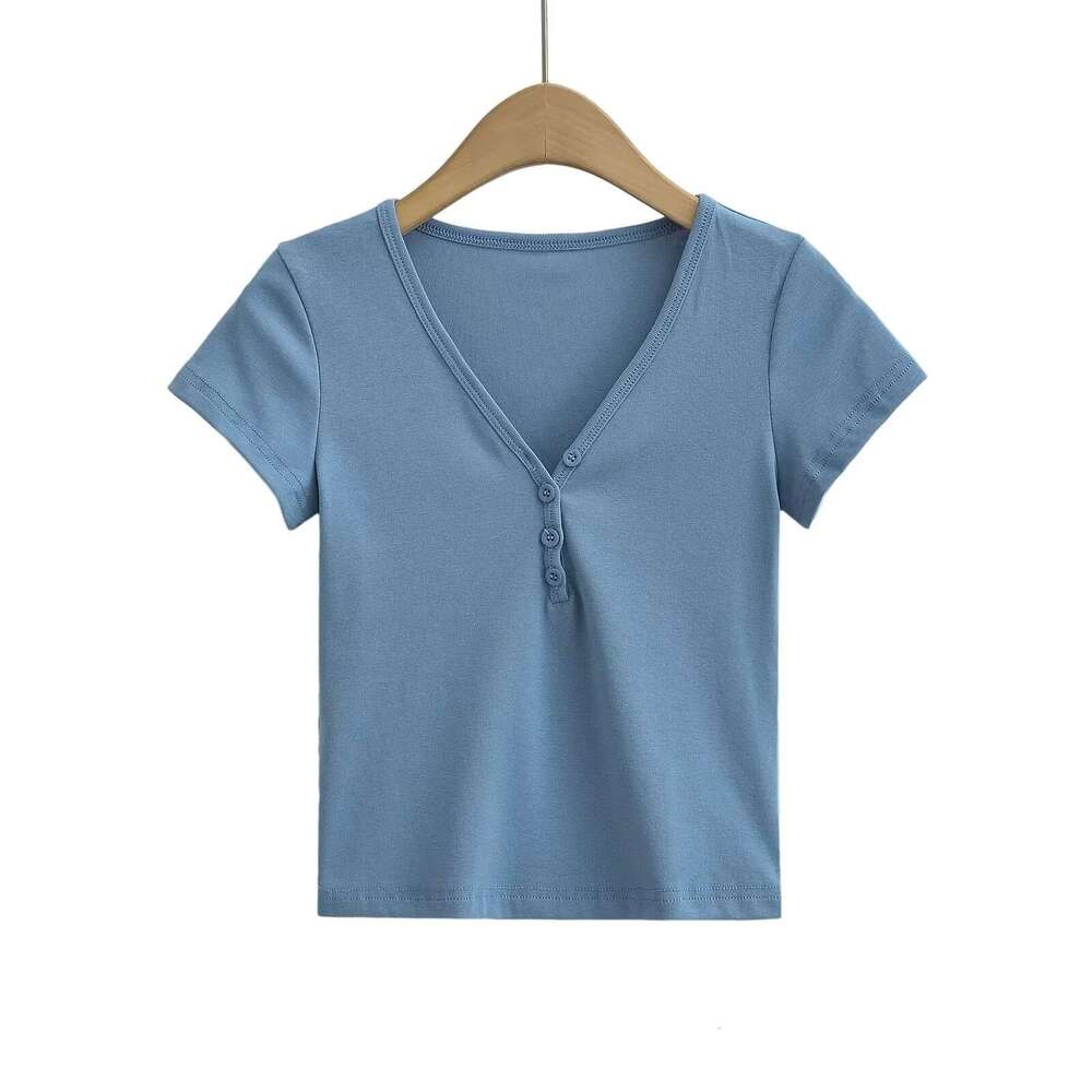 Kardashian's same American V-neck button slim fit T-shirt for women's summer solid color high waist tight short sleeved top wholesale 2024 t