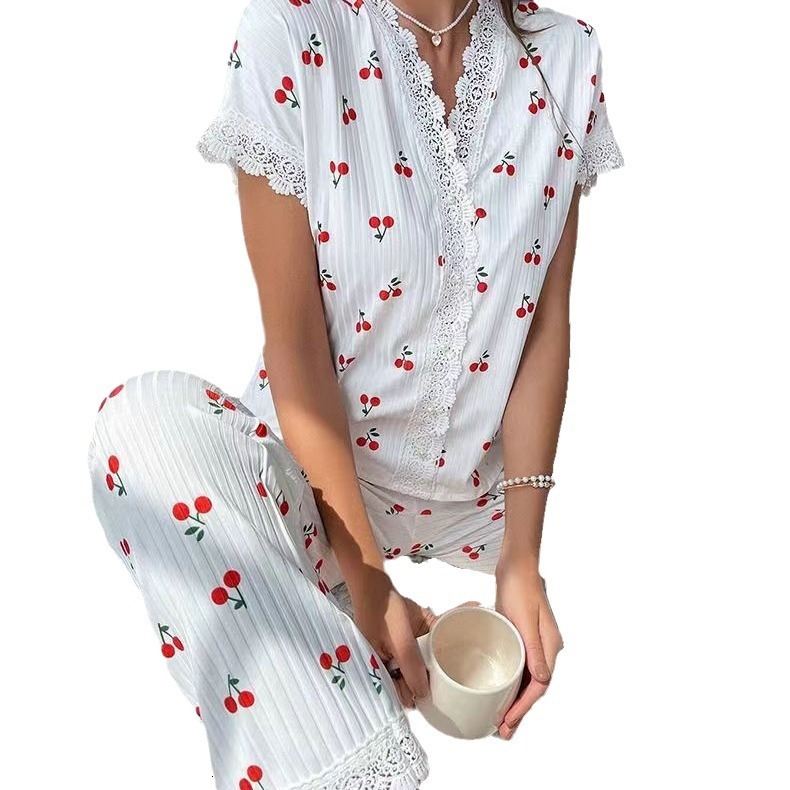 Hot selling designer home clothes cherry print sleeved lapel pajamas women, suitable for wearing long pants, two-piece set